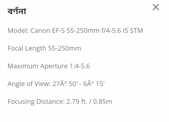 Canon 55-250mm EFS Lens